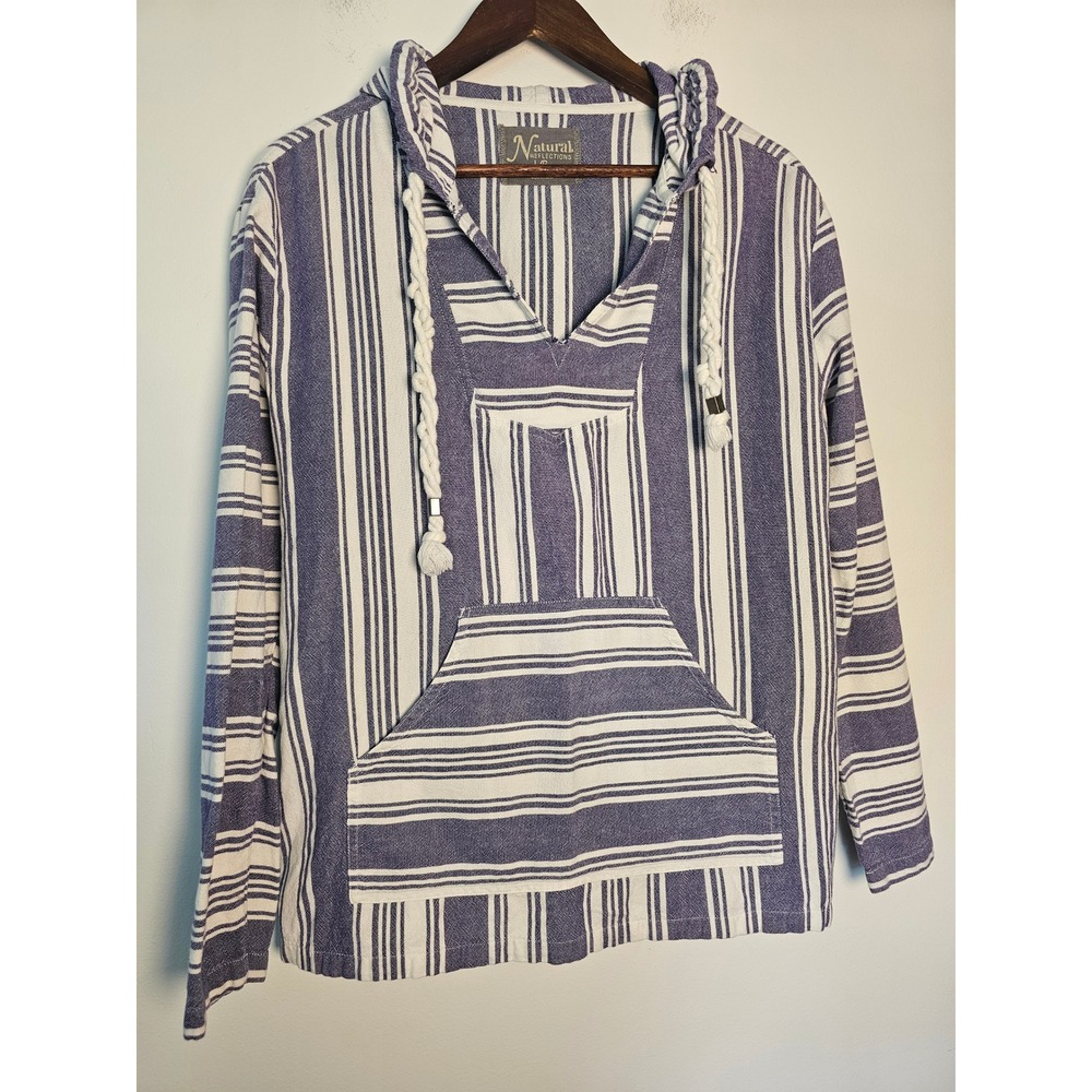 Boho Surf Natural Reflections Baja Hoodie Womens Large Blue White Striped Cotton
